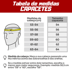 Tabela de medidas de capacete para motoqueiro