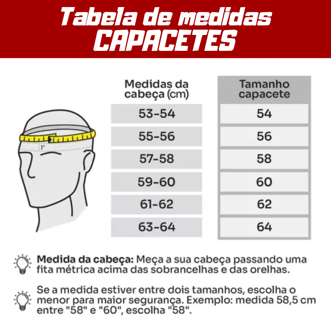 Tabela de medidas para capacete